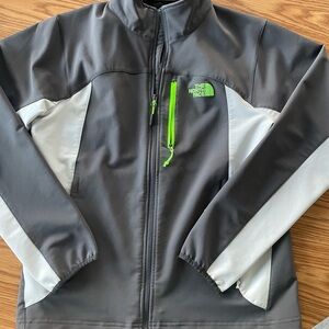 The North Face Apex Pneumatic Dark Gray Softshell Jacket with Neon Green Accents